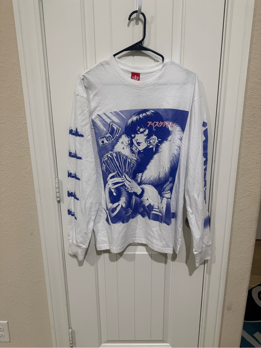 Graphic Long Sleeve Kids Shirt - White with Blue Print